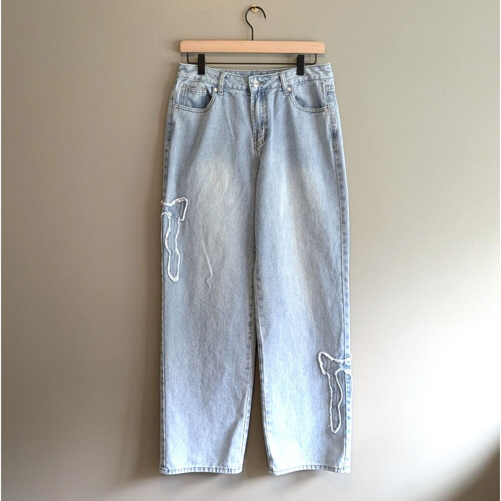 Cali 1850 Womens 9 Light Wash Jeans Ribbon Bow Straight Leg Coquette Denim Pants